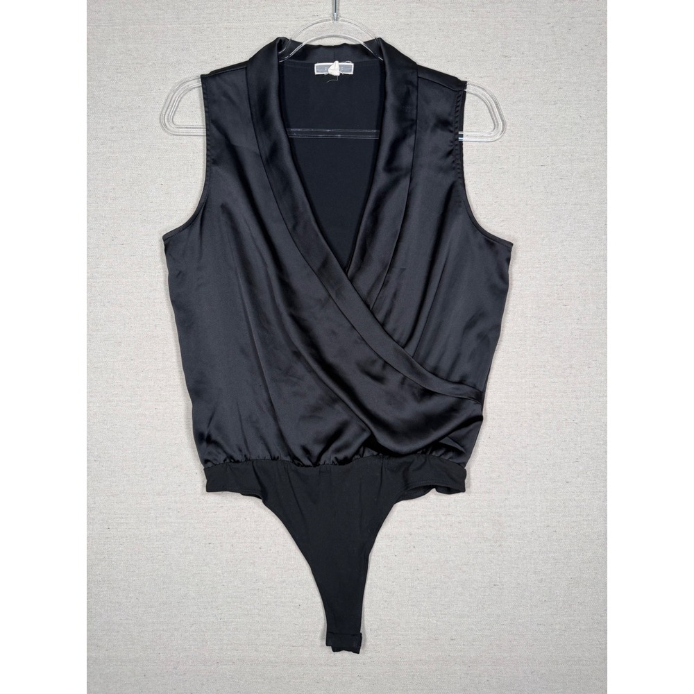Pleione Black Satin Surplice Wrap Bodysuit Sleeveless V-Neck Thong M WLA512085